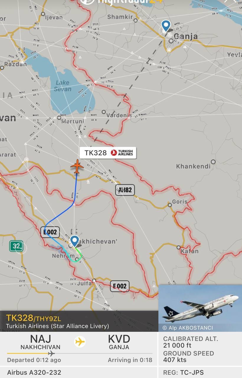 Նախիջևան — Գանձակ (Գյանջա) թրական ավիաուղիները թռչում են հայկական օդային տարածքով